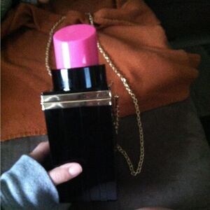 Pink & Black Lipstick Shape Purse Clutch Evening Purse Banquet Handbag Shoulder